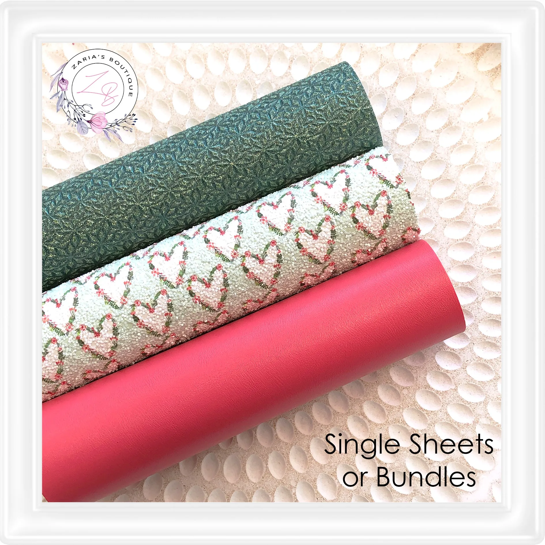 ⋅ Floral Hearts ⋅ Vegan Faux Leather  &  Glitter 3 Piece Bundle OR Single Sheets ⋅