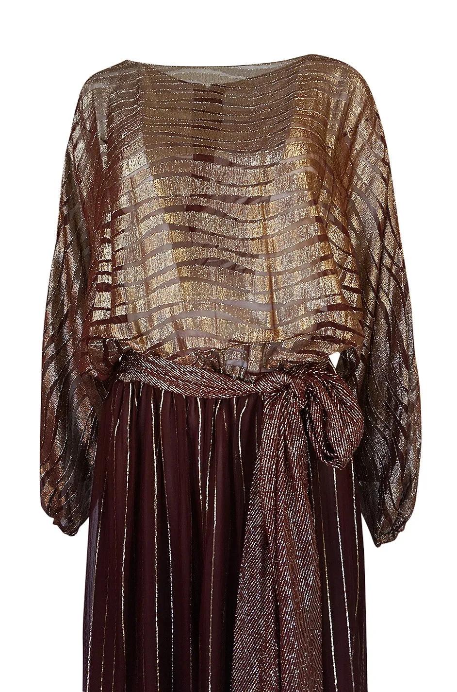 1978 Bill Blass Burgundy & Gold Lurex Striped Silk Chiffon Dress