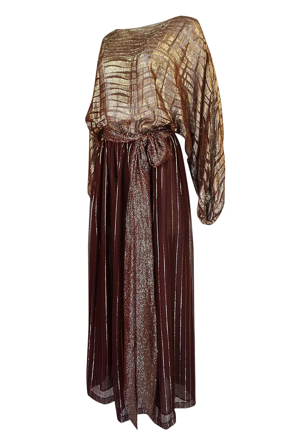 1978 Bill Blass Burgundy & Gold Lurex Striped Silk Chiffon Dress