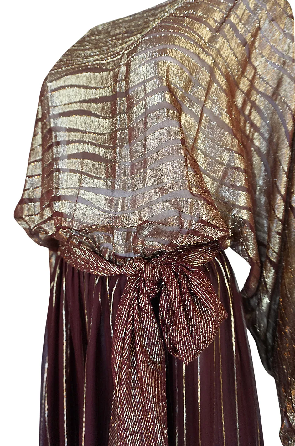 1978 Bill Blass Burgundy & Gold Lurex Striped Silk Chiffon Dress