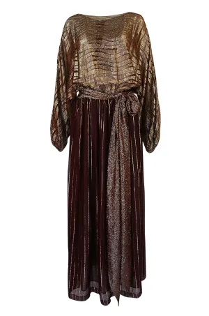 1978 Bill Blass Burgundy & Gold Lurex Striped Silk Chiffon Dress