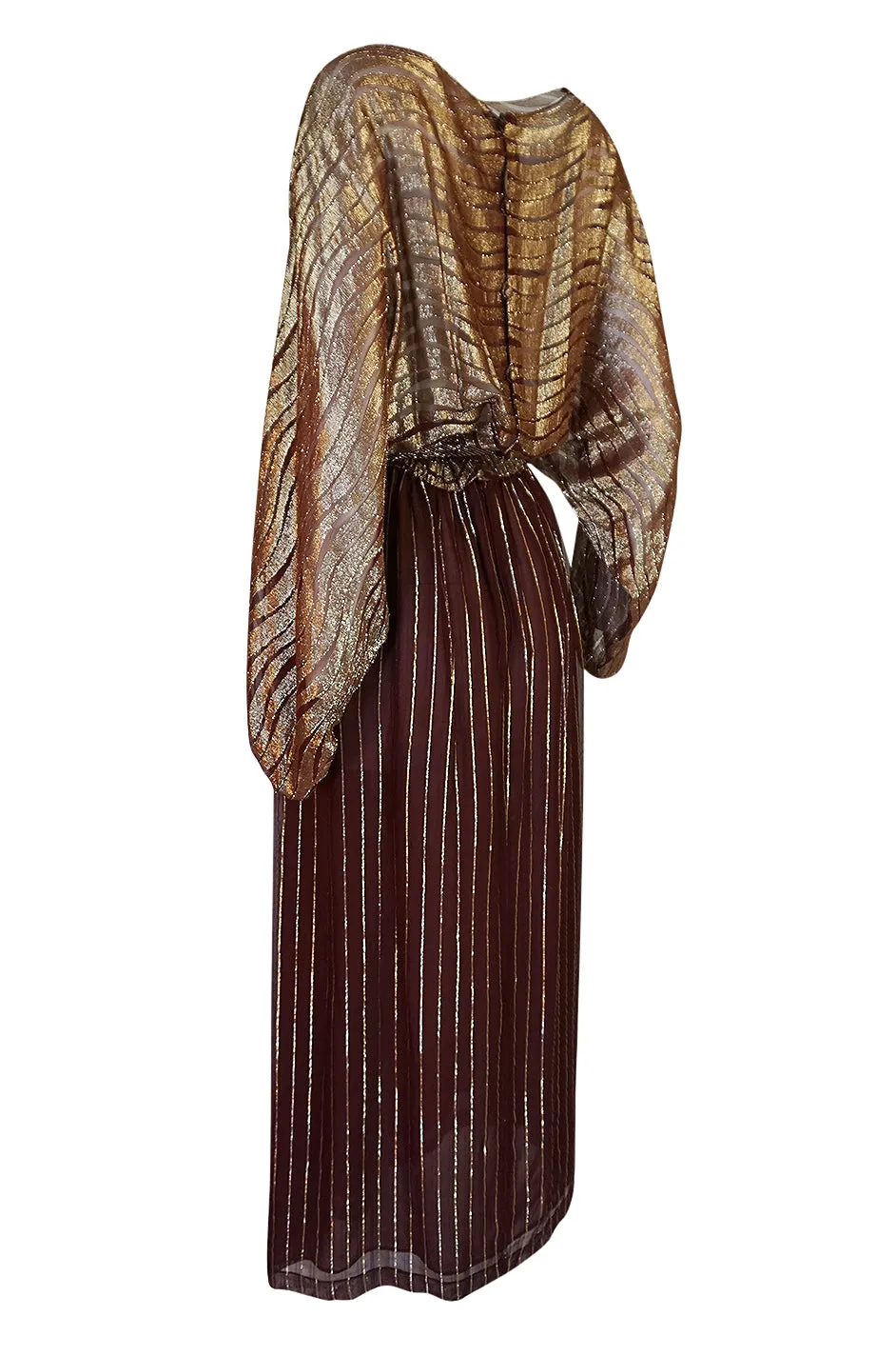 1978 Bill Blass Burgundy & Gold Lurex Striped Silk Chiffon Dress