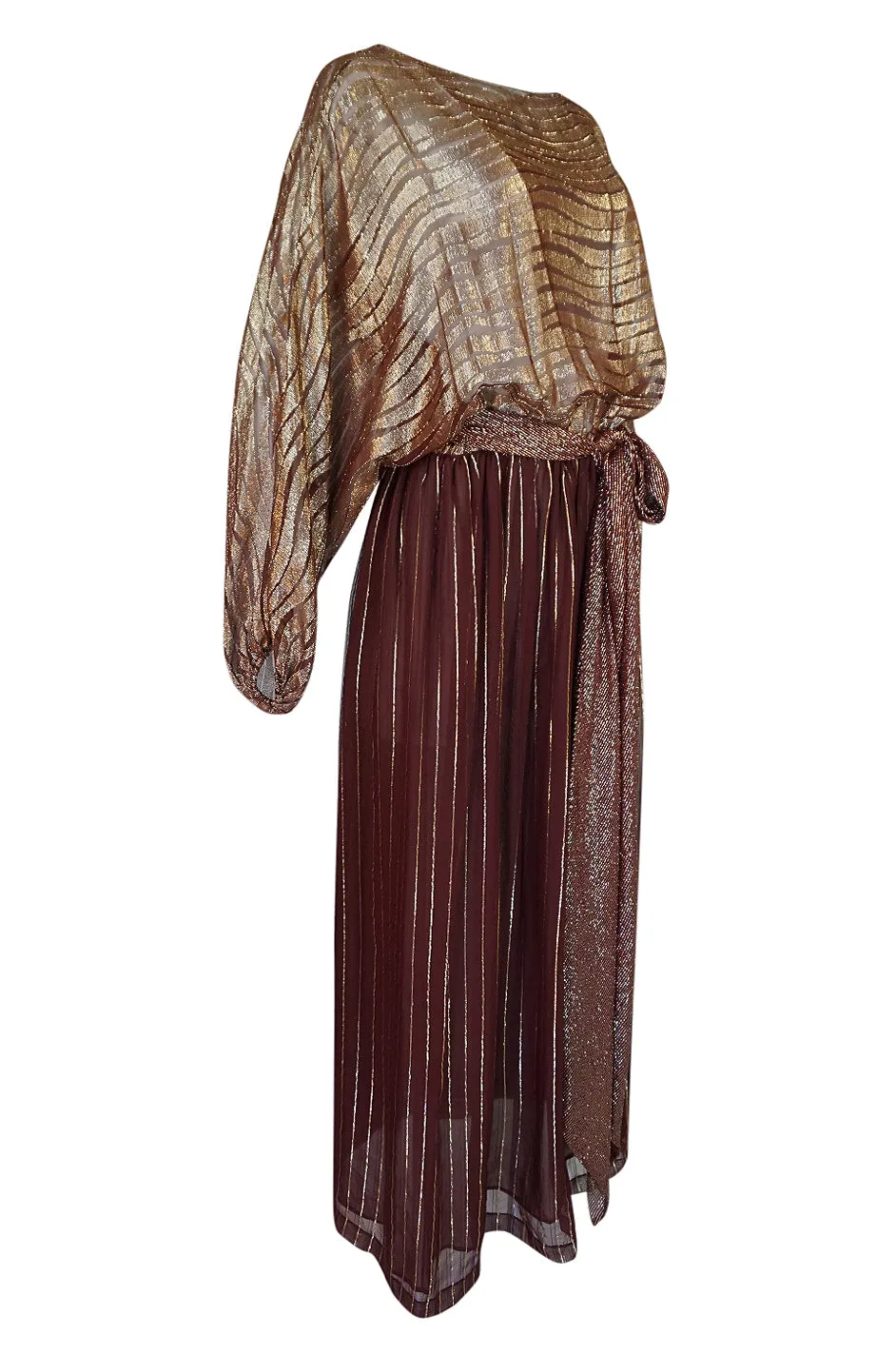 1978 Bill Blass Burgundy & Gold Lurex Striped Silk Chiffon Dress