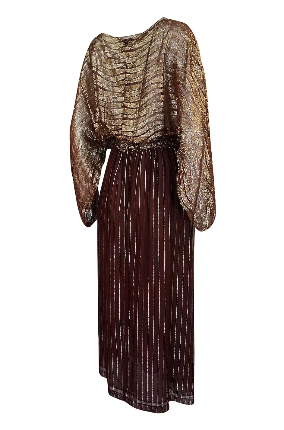 1978 Bill Blass Burgundy & Gold Lurex Striped Silk Chiffon Dress
