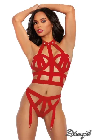 2 PC Strappy Set with Attached Garters Red