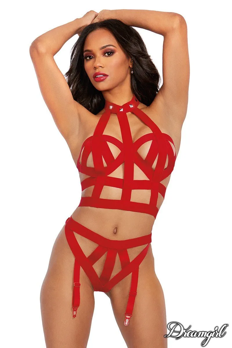 2 PC Strappy Set with Attached Garters Red