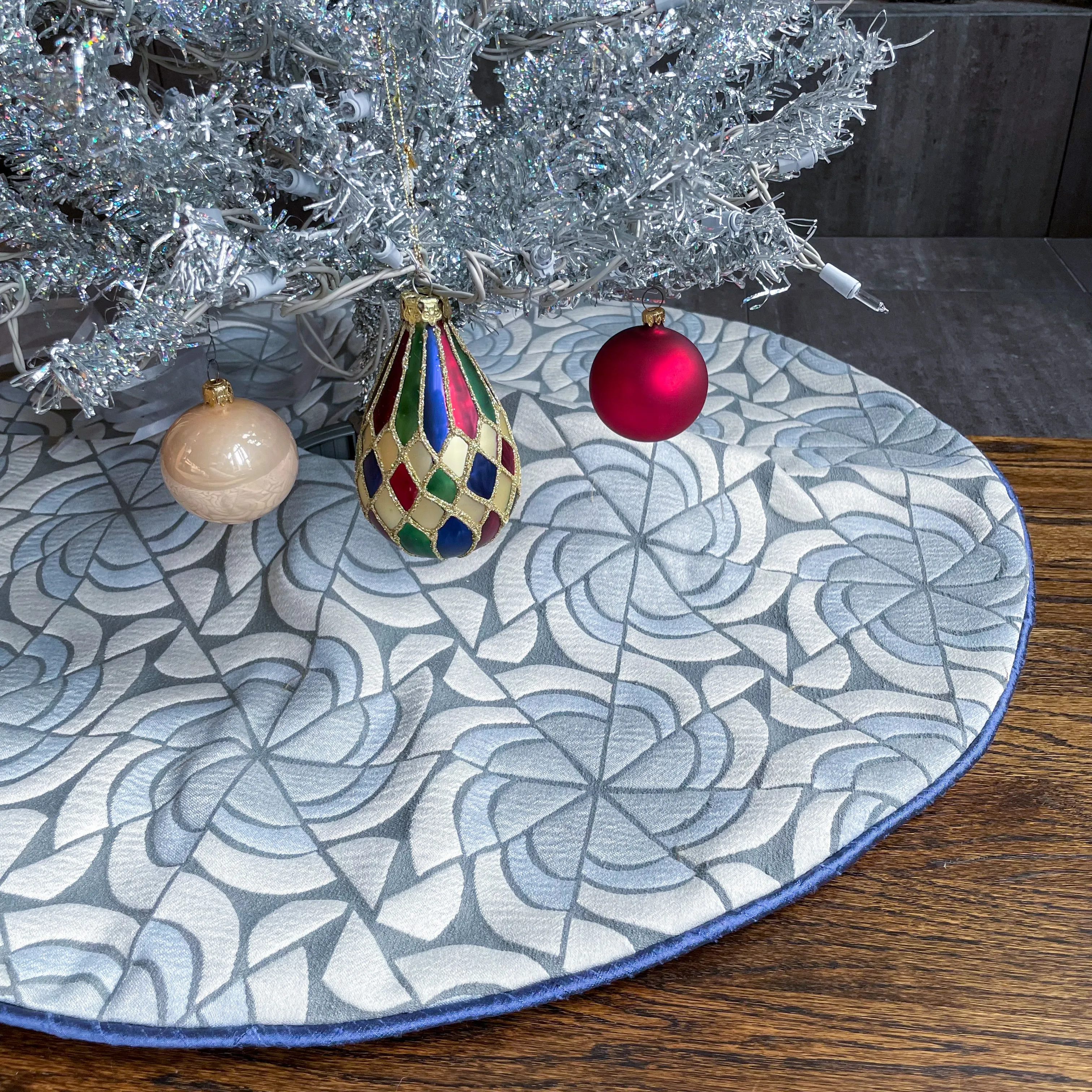 30" Blue, Gray White and Silver Christmas Tree Skirt | Reversible