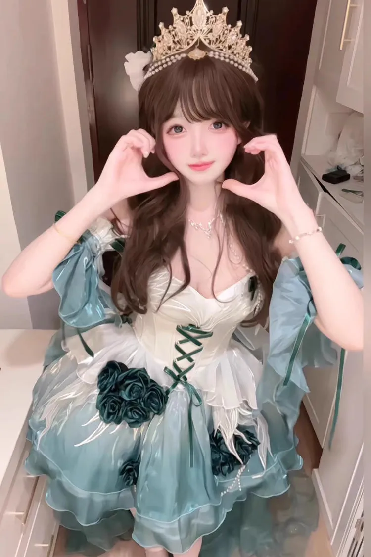 Amber Green [Swan Wonderland] Embroidery Bowknot Lace-Up Sweet Ballet Lolita Jsk Dress Short Version