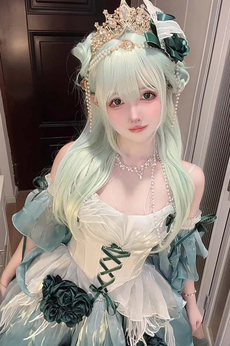 Amber Green [Swan Wonderland] Embroidery Bowknot Lace-Up Sweet Ballet Lolita Jsk Dress Short Version