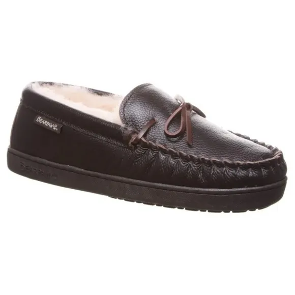 BEARPAW Men’s Chocolate Leather Sheepskin Indoor Outdoor Slip-On NWOT Si…