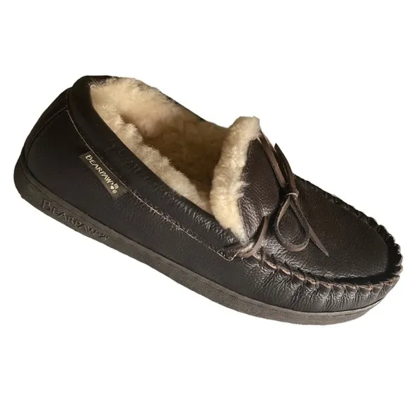 BEARPAW Men’s Chocolate Leather Sheepskin Indoor Outdoor Slip-On NWOT Si…