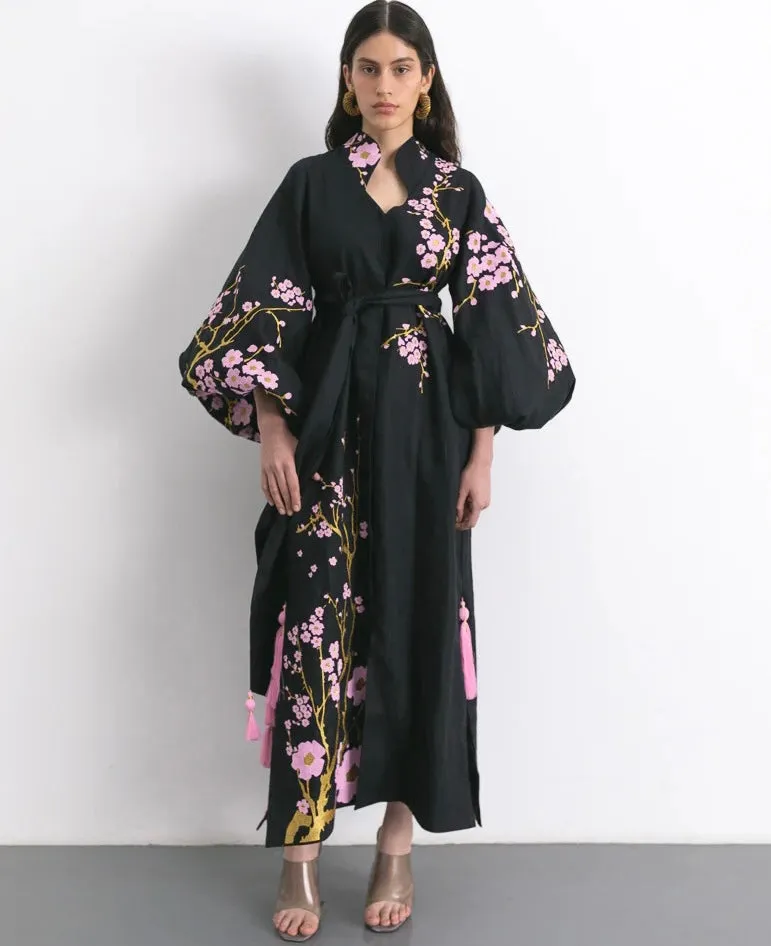 Black embroidered dress with cherry blossoms