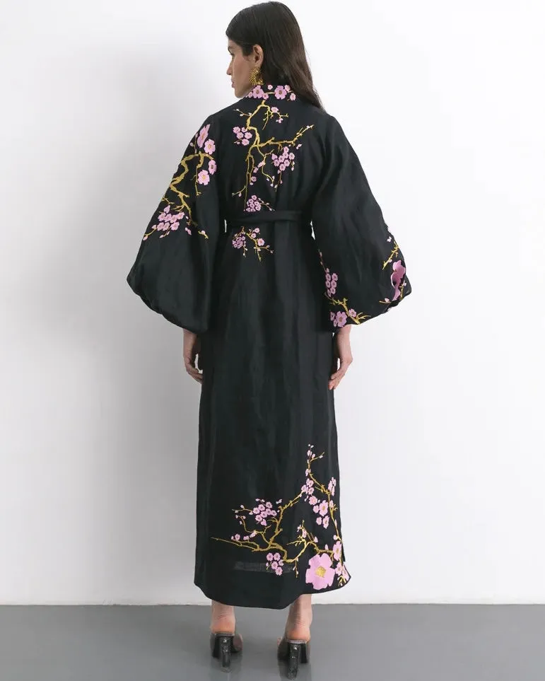 Black embroidered dress with cherry blossoms