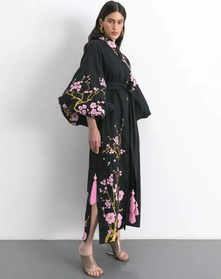 Black embroidered dress with cherry blossoms