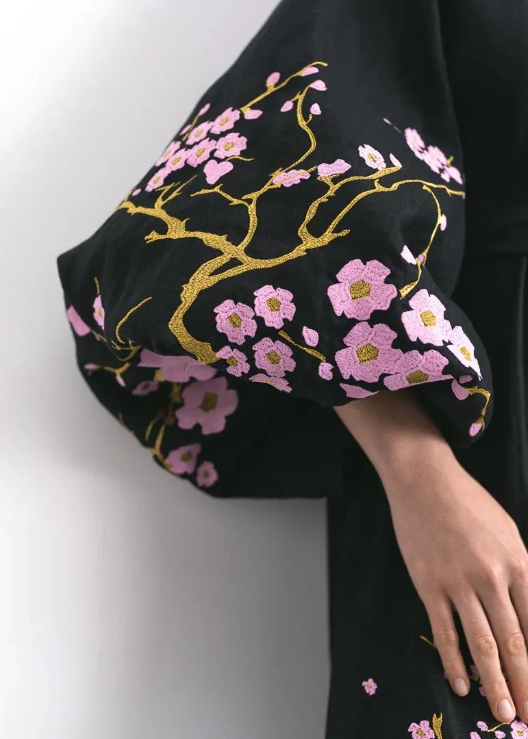 Black embroidered dress with cherry blossoms
