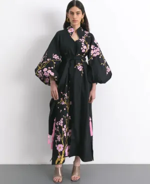 Black embroidered dress with cherry blossoms
