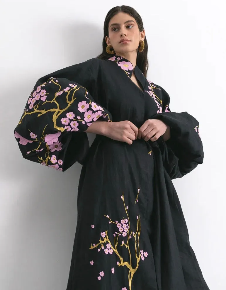 Black embroidered dress with cherry blossoms