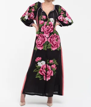 Black embroidered linen dress