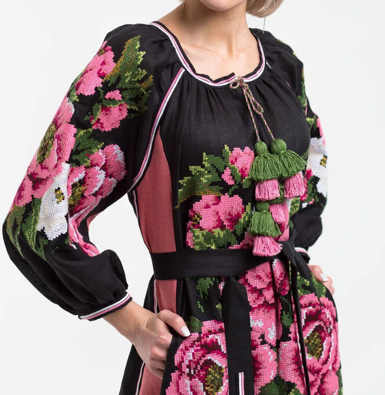 Black embroidered linen dress