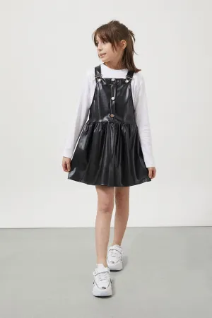 Black Strappy Girl's Faux Leather Salopet 17637