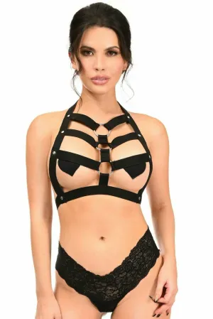 Black Stretchy Body Harness with Silver Hardware