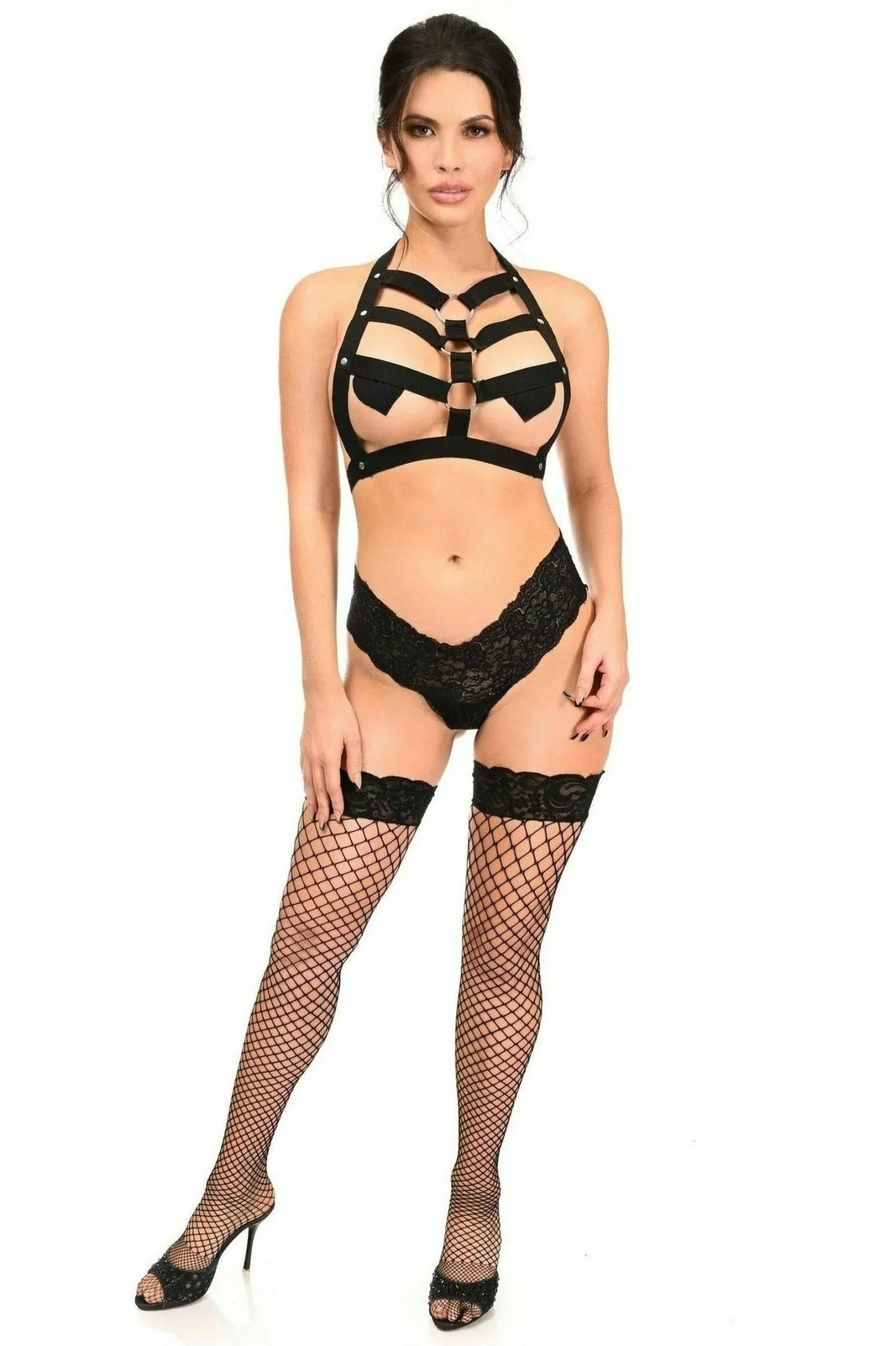Black Stretchy Body Harness with Silver Hardware