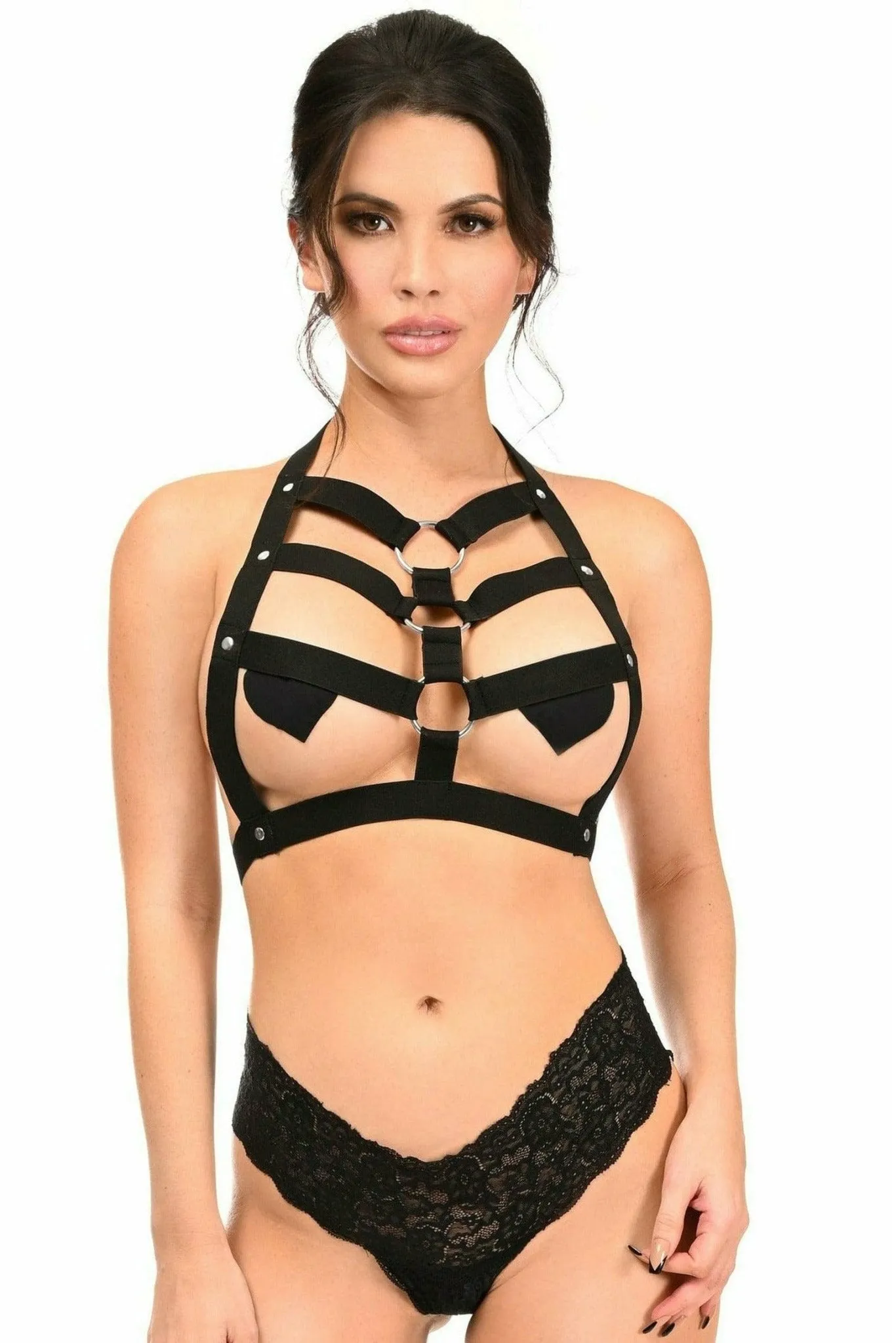 Black Stretchy Body Harness with Silver Hardware