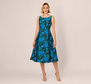 Boat Neck Jacquard Midi Dress In Blue Green