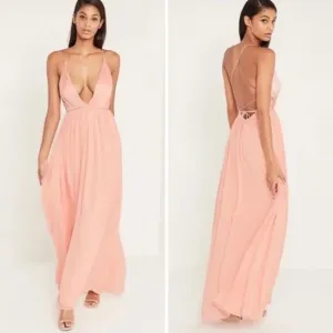 Carli Bybel X Missguided Pink Plunge Pleated Blush Maxi Dress Strappy Back NWT