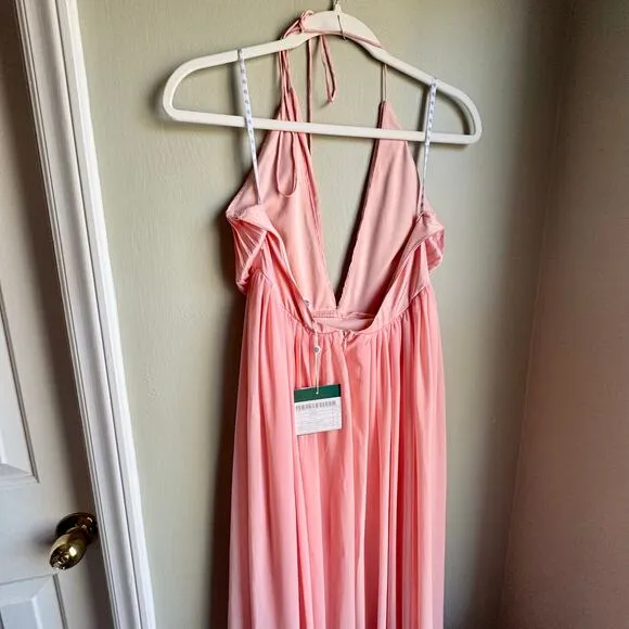 Carli Bybel X Missguided Pink Plunge Pleated Blush Maxi Dress Strappy Back NWT