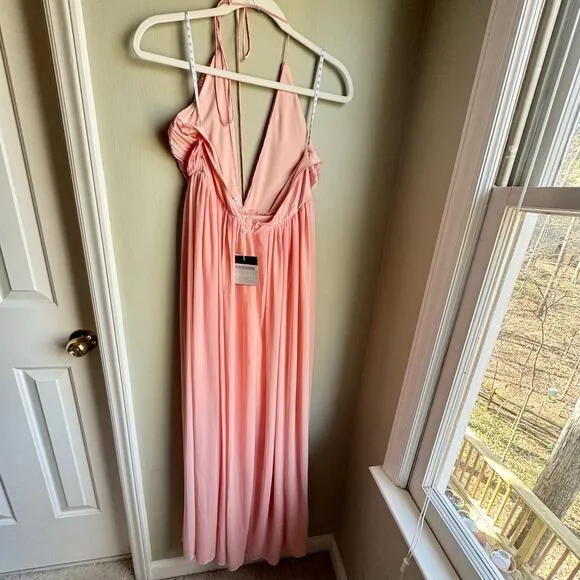 Carli Bybel X Missguided Pink Plunge Pleated Blush Maxi Dress Strappy Back NWT