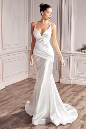 CD CH236W - Stretch Satin Fit & Flare Wedding Gown with Gathered Ruched Waist & Strappy Back