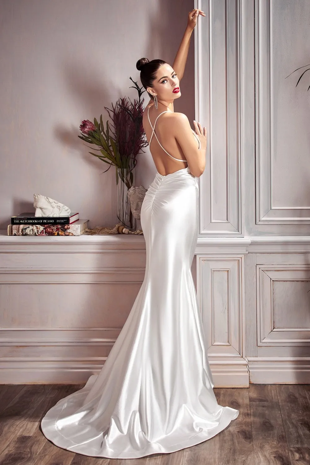 CD CH236W - Stretch Satin Fit & Flare Wedding Gown with Gathered Ruched Waist & Strappy Back