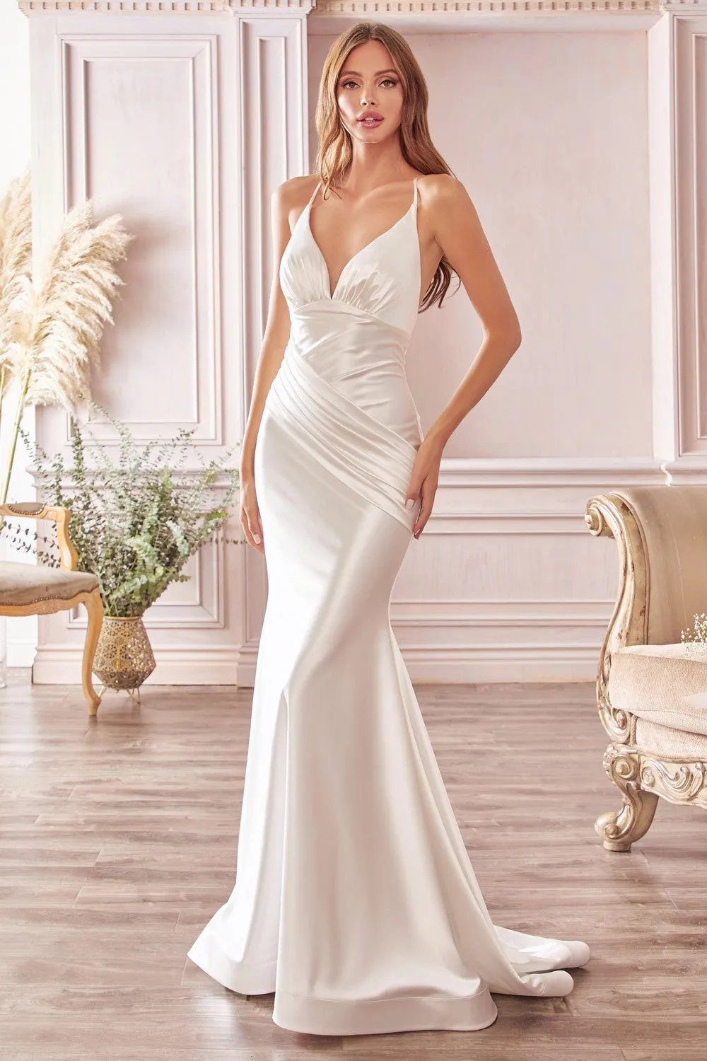 CD CH236W - Stretch Satin Fit & Flare Wedding Gown with Gathered Ruched Waist & Strappy Back