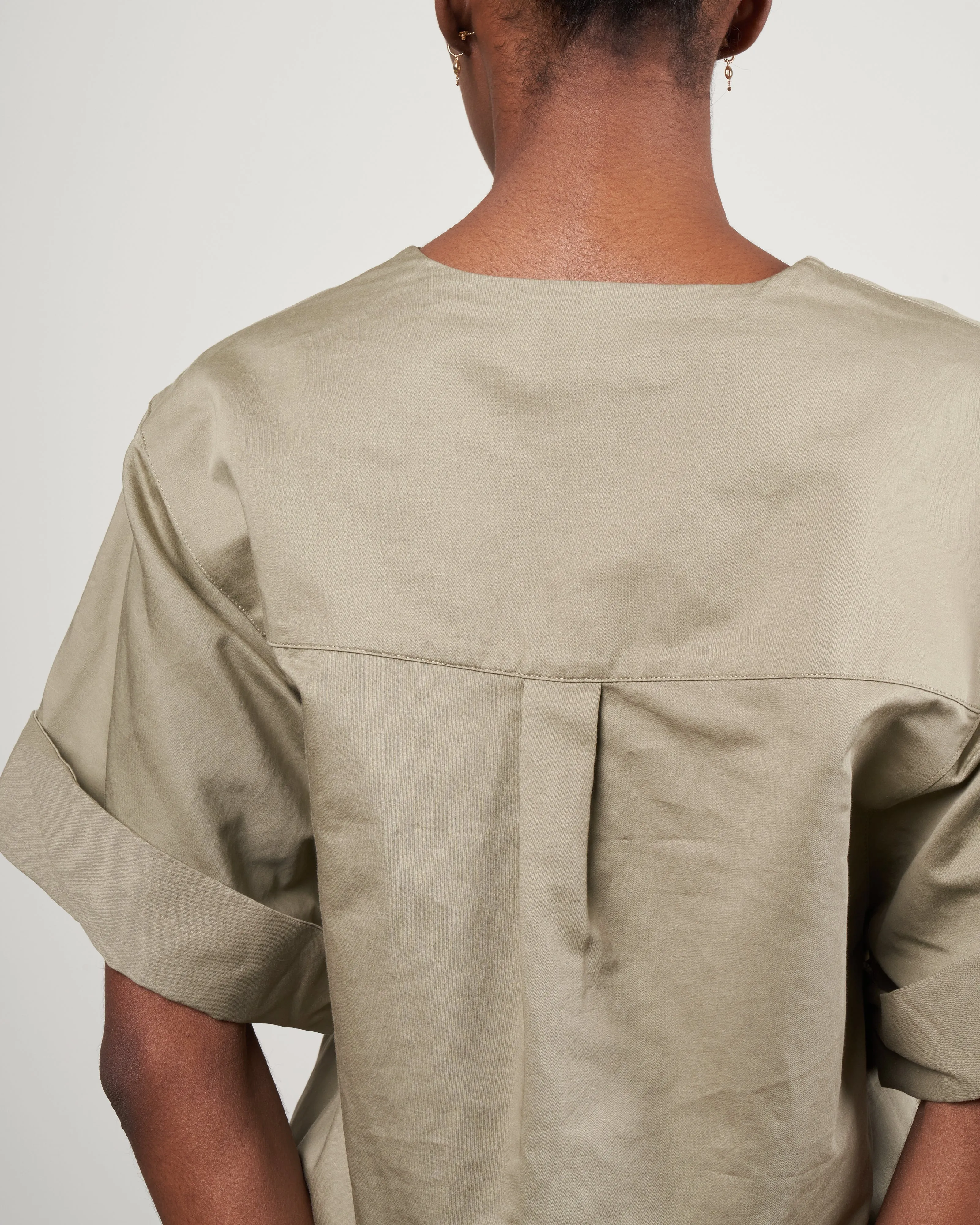 cotton linen sateen v neck top - dark clay