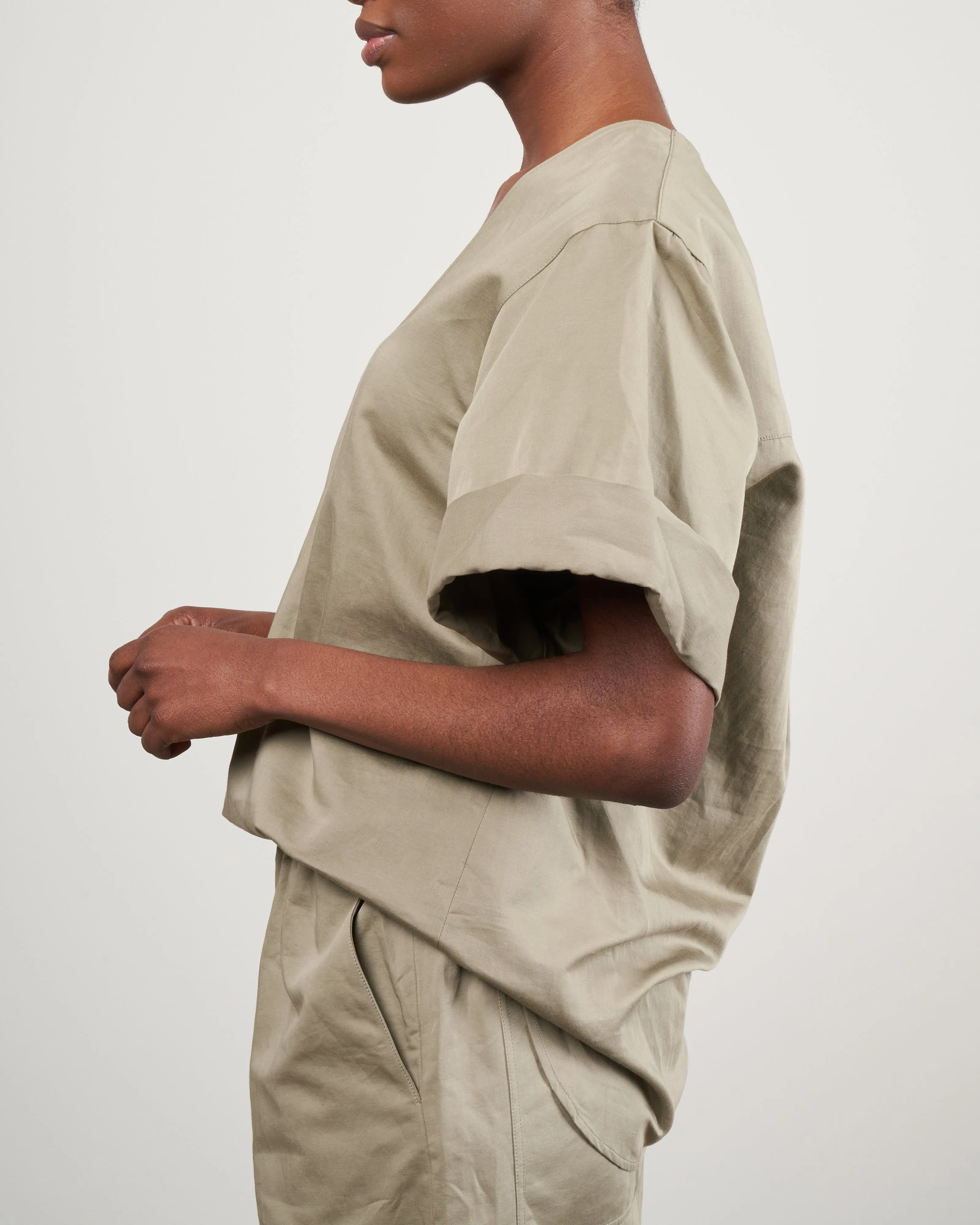 cotton linen sateen v neck top - dark clay