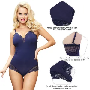Crotch Openable Stretchy Plus Size Black Modal Lace Bodysuit