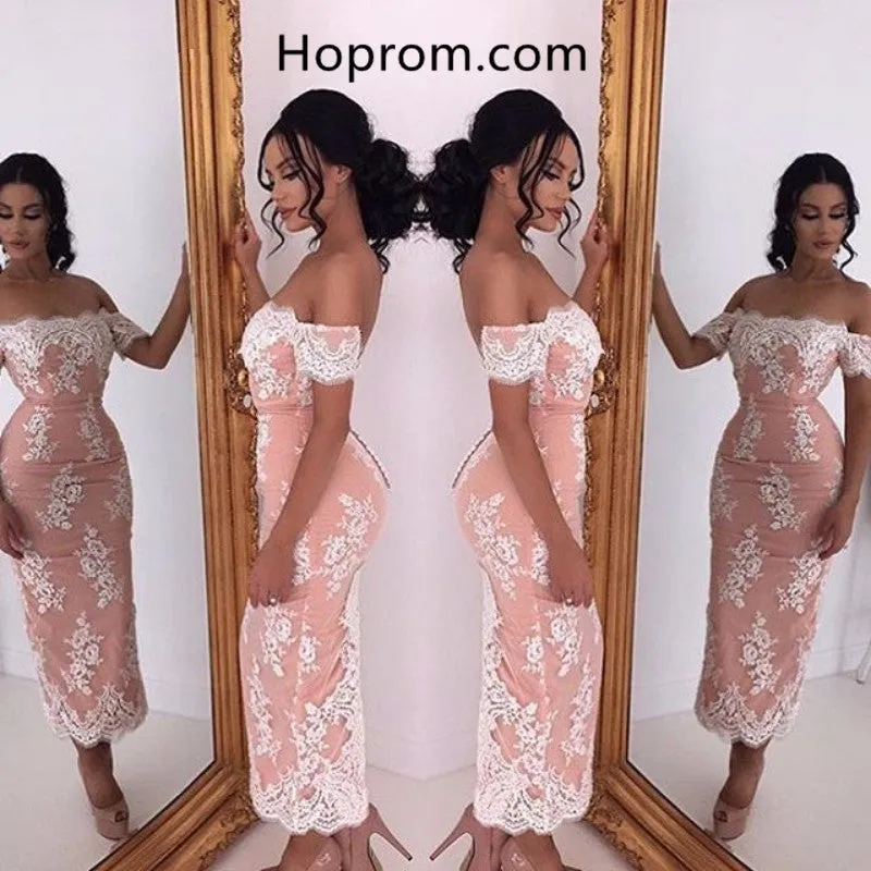 Curto Boat Neck Off the Shoulder Short Sleeve Lace AppliquesTea-Length Party Dresses