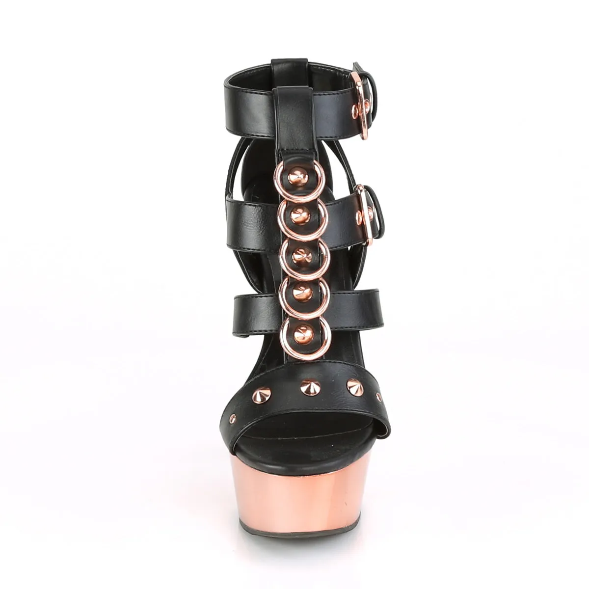 DELIGHT-658  Black Faux Leather/Rose Gold Chrome