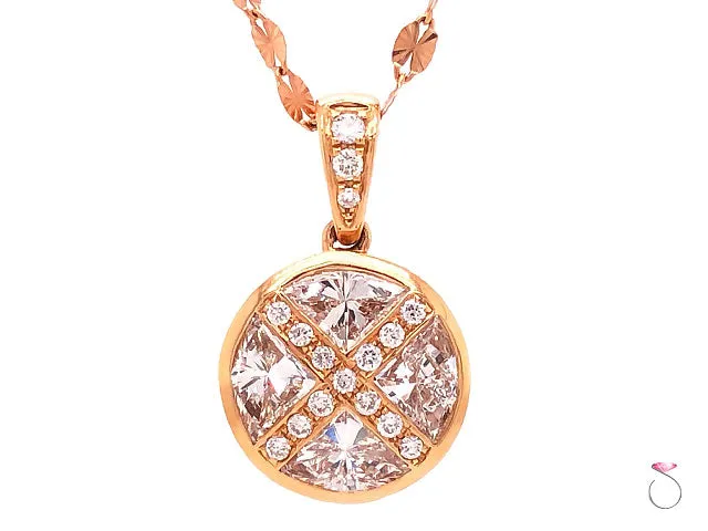 Designer Round Pizza Cut Diamond Pendant in 18k Rose Gold With Chain, 1.45 Carat
