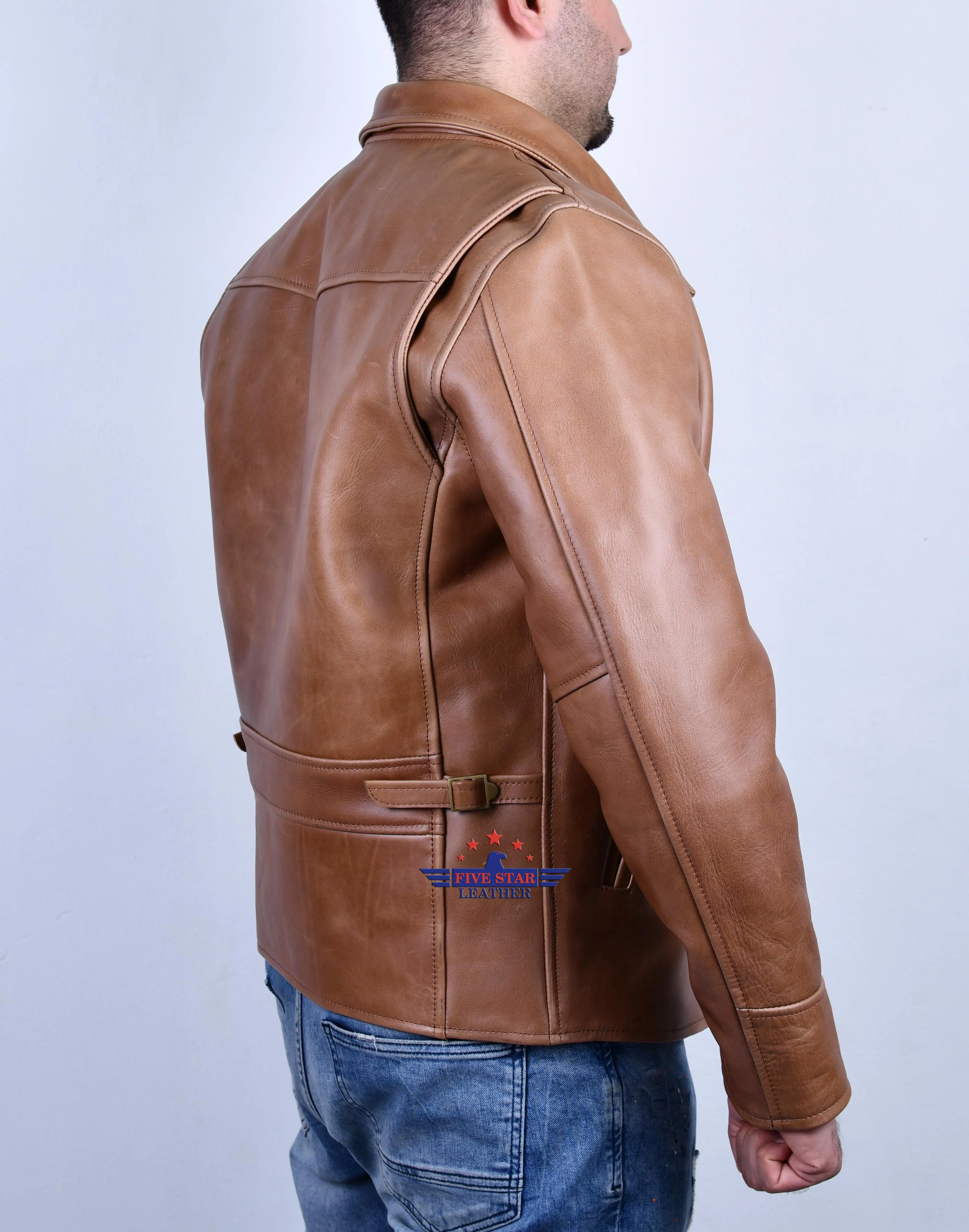 FiveStar Leather Vintage Half Belt Men CHL Leather Jacket