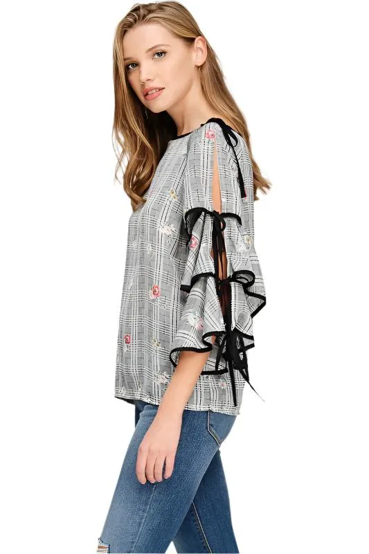 Floral Gingham Print Layered Sleeve Top