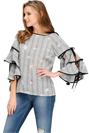 Floral Gingham Print Layered Sleeve Top