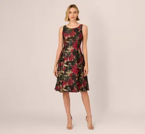 Floral Jacquard Fit And Flare Dress In Black Red