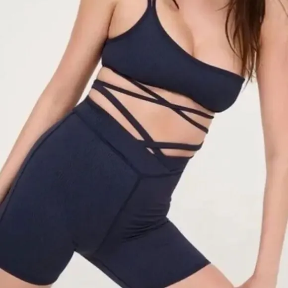 For Love And Lemons Chloe Blue Ribbed Biker Shorts Size L NWT