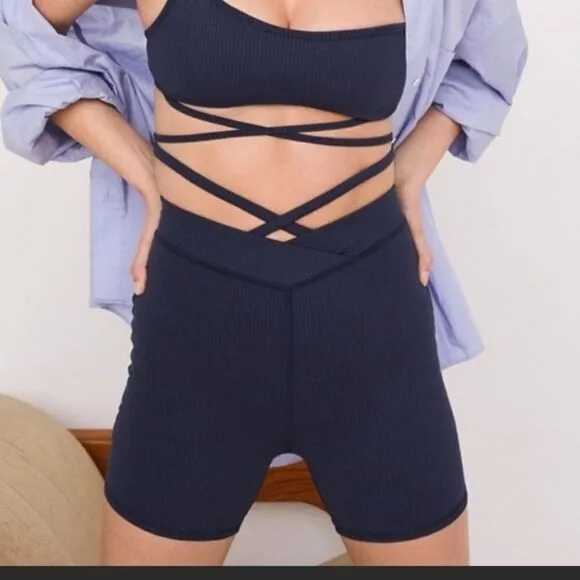For Love And Lemons Chloe Blue Ribbed Biker Shorts Size L NWT