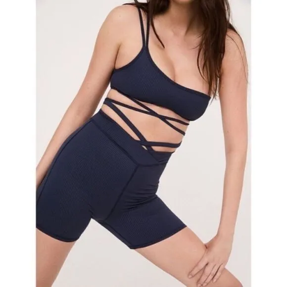 For Love And Lemons Chloe Blue Ribbed Biker Shorts Size L NWT