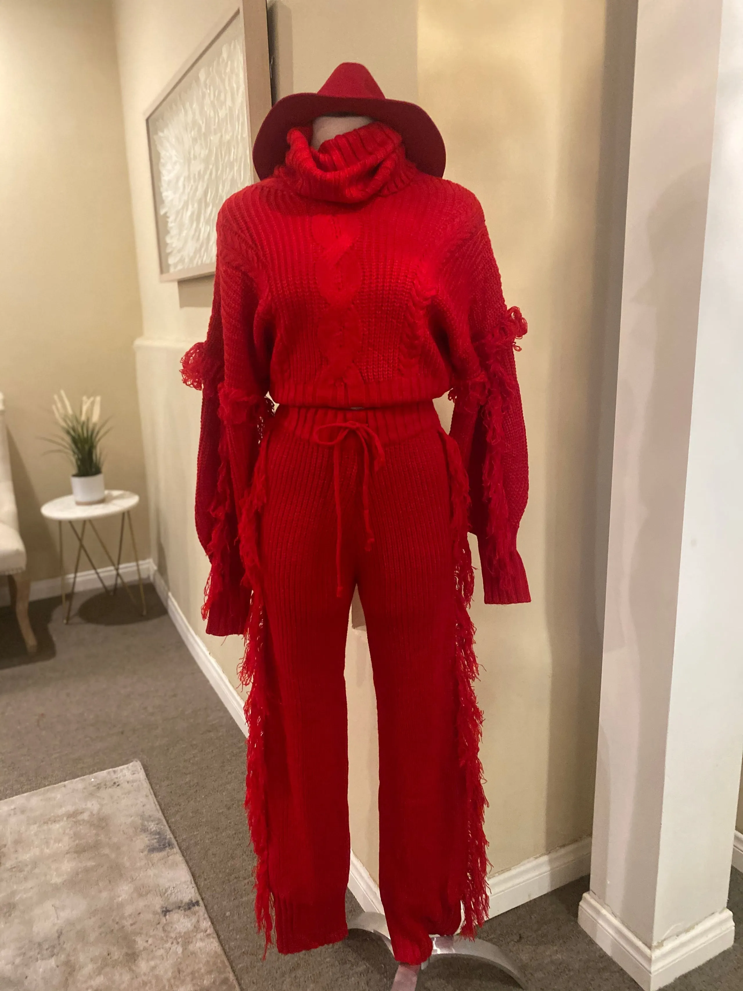 Fringe Turtle Neck Pants Set