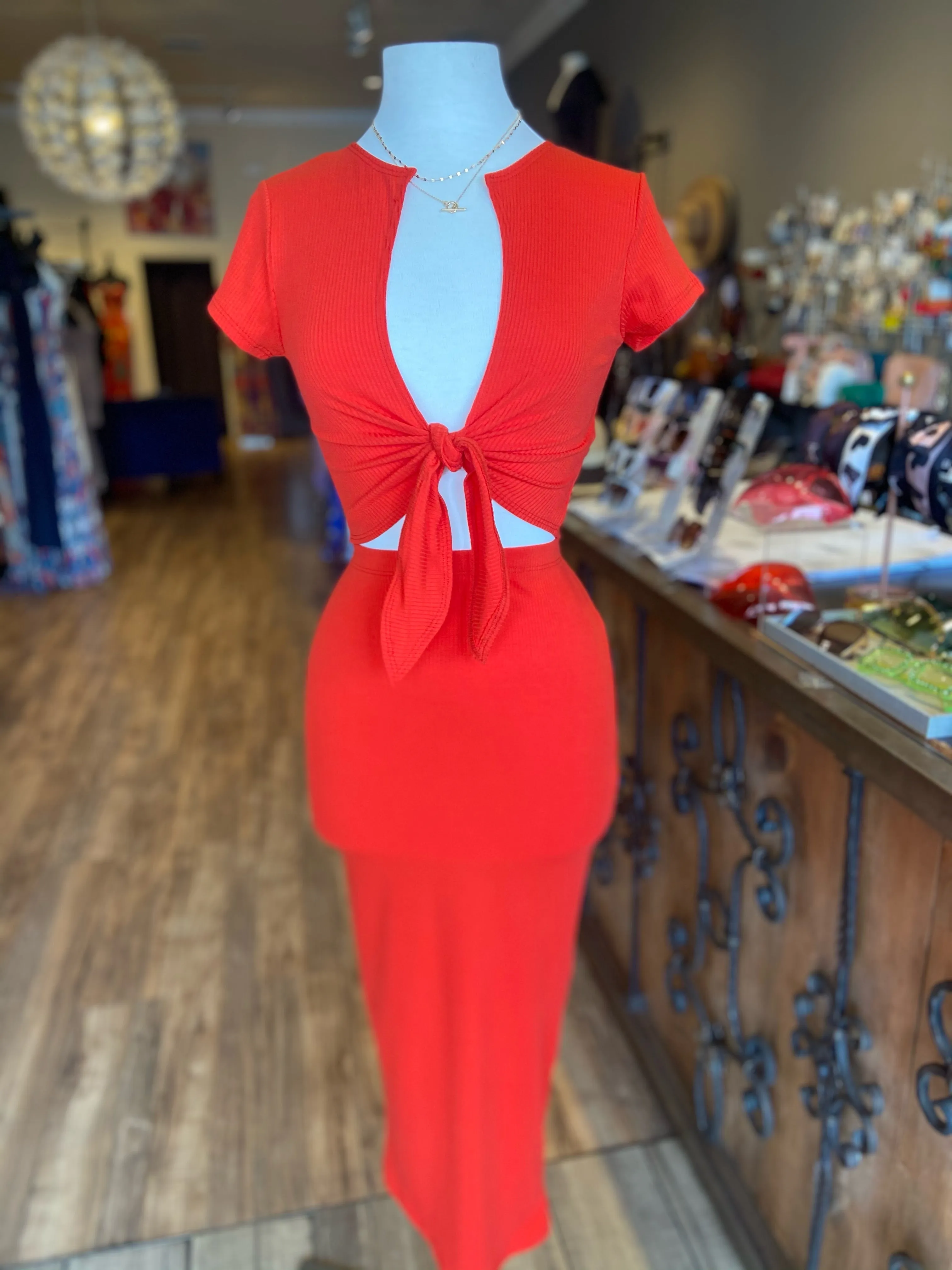 Front Tye Short Sleeve Skirt Set