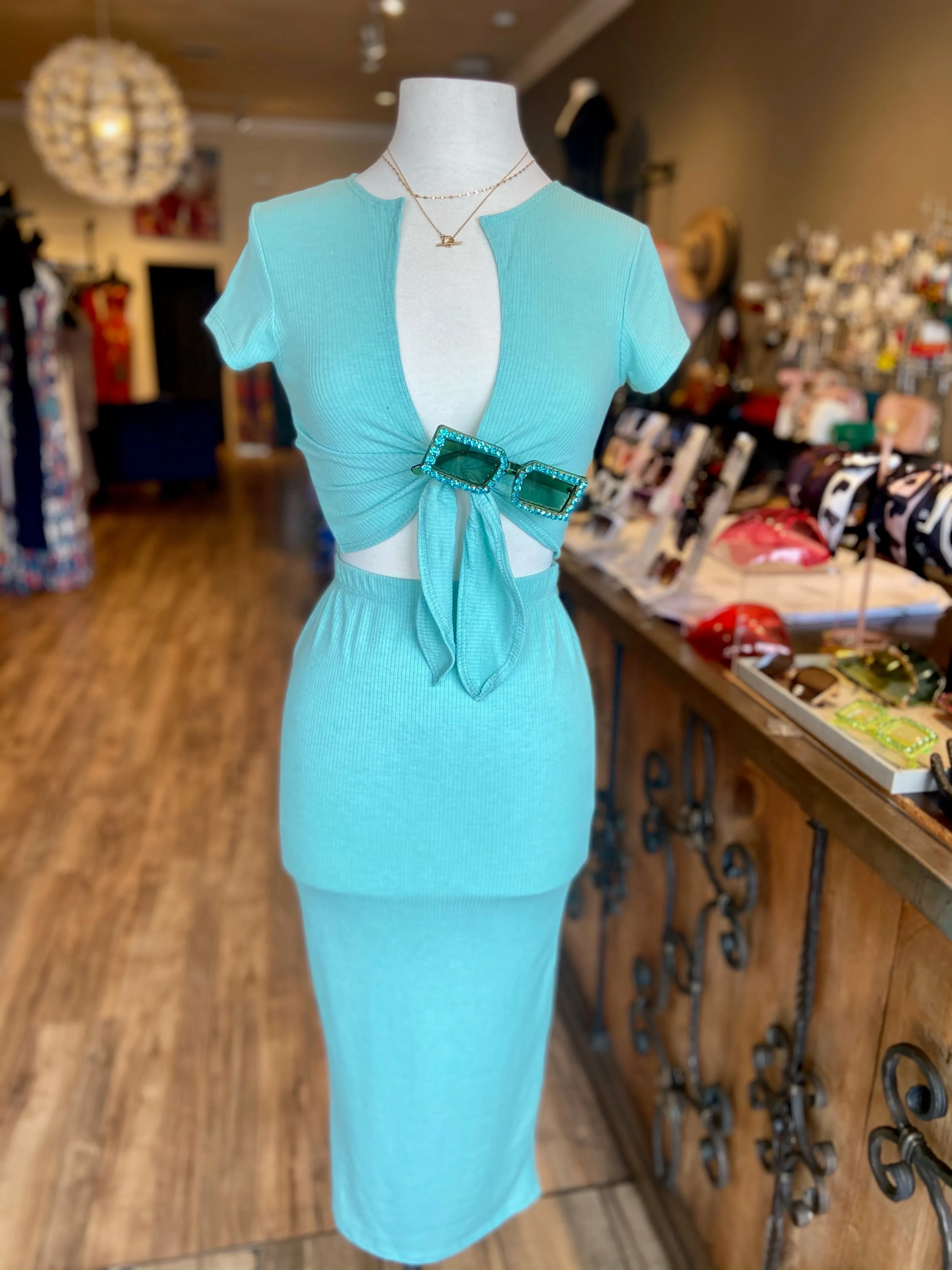 Front Tye Short Sleeve Skirt Set